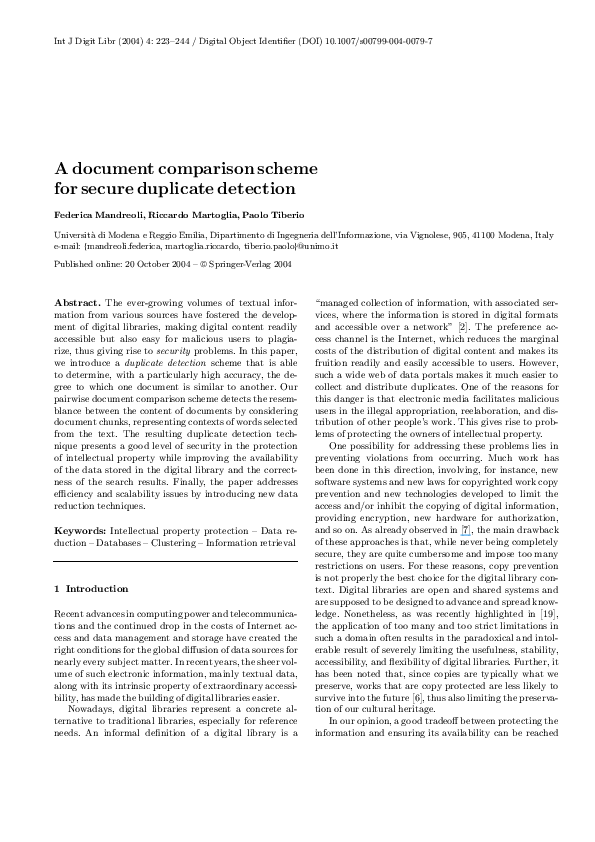 (PDF) A document comparison scheme for secure duplicate detection
