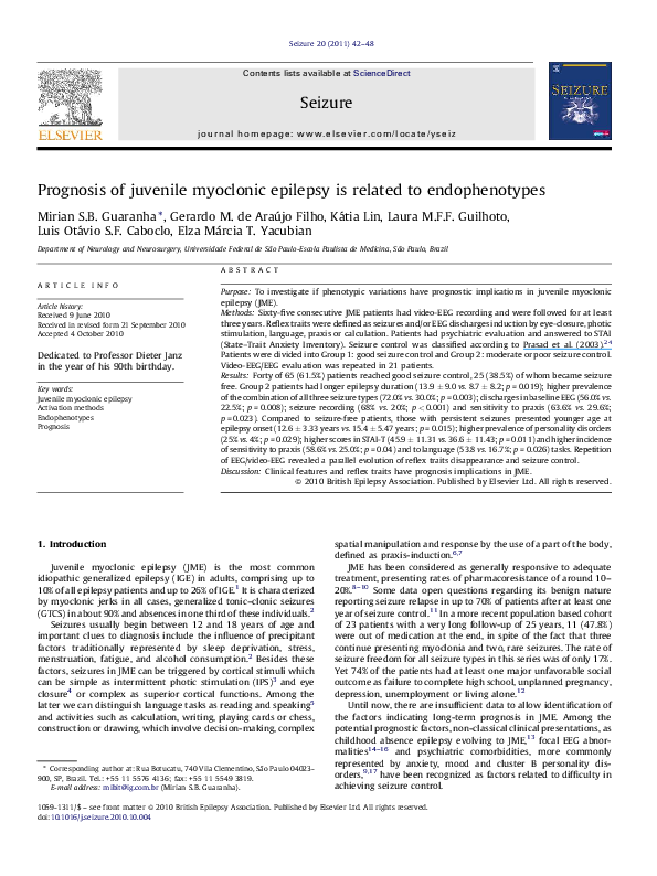 (PDF) Prognosis of juvenile myoclonic epilepsy is related to endophenotypes