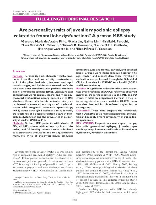 (PDF) Are personality traits of juvenile myoclonic epilepsy related to ...