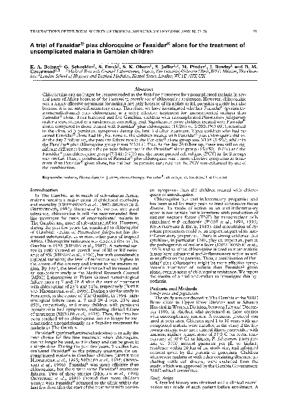 (PDF) A trial of Fansidar® plus chloroquine or Fansidar® alone for the ...