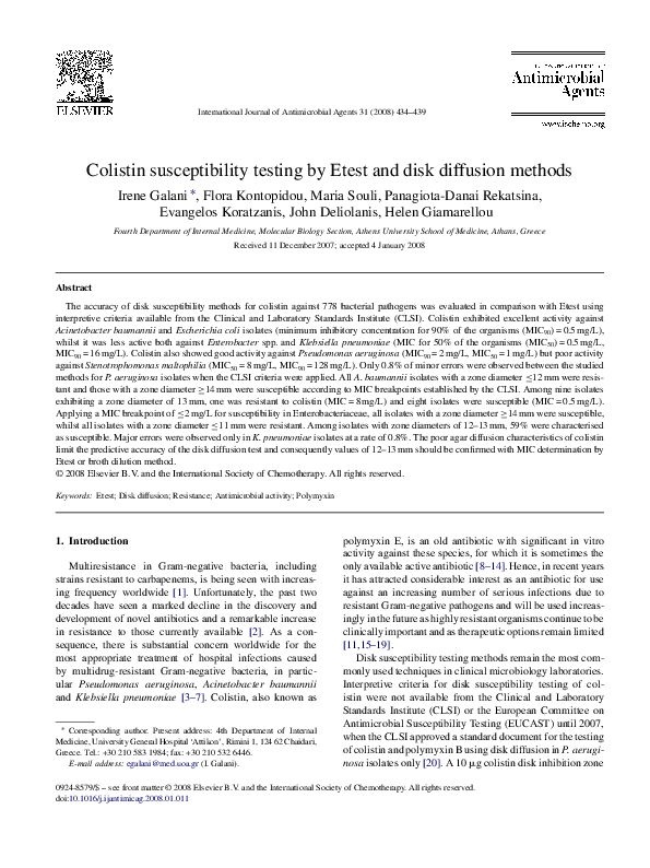 (PDF) Colistin susceptibility testing by Etest and disk diffusion methods