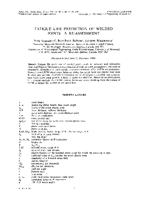 (PDF) Fatigue Life Prediction of Welded Joints?A Re-Assessment