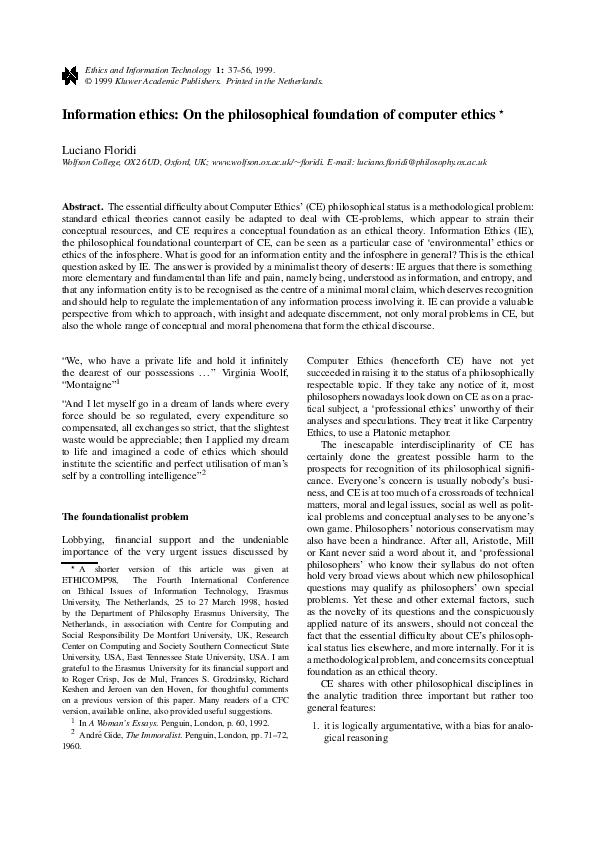 (PDF) Information Ethics On the Philosophical Foundation of Computer