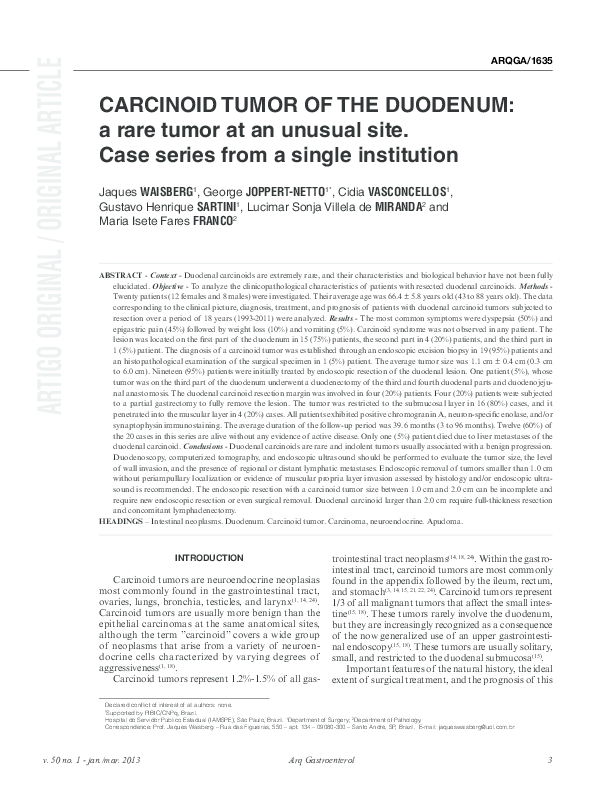 (PDF) Carcinoid tumor of the duodenum: a rare tumor at an unusual site ...