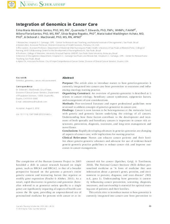 (PDF) Integration of Genomics in Cancer Care