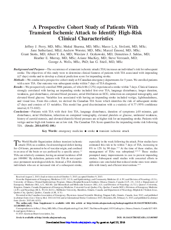 (PDF) A Prospective Cohort Study of Patients With Transient Ischemic ...