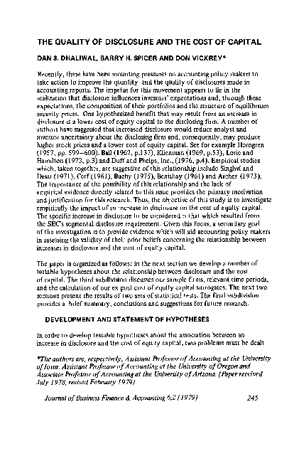 (PDF) The Quality of Disclosure and the Cost of Capital