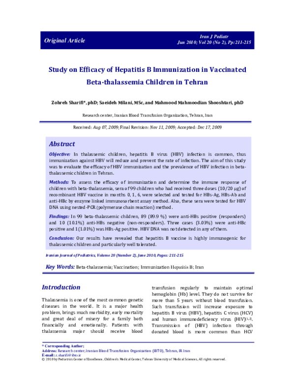 (PDF) Study on Efficacy of Hepatitis B Immunization in Vaccinated Beta ...