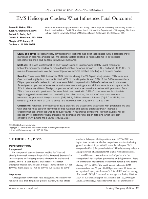 (PDF) EMS Helicopter Crashes What Influences Fatal Guohua
