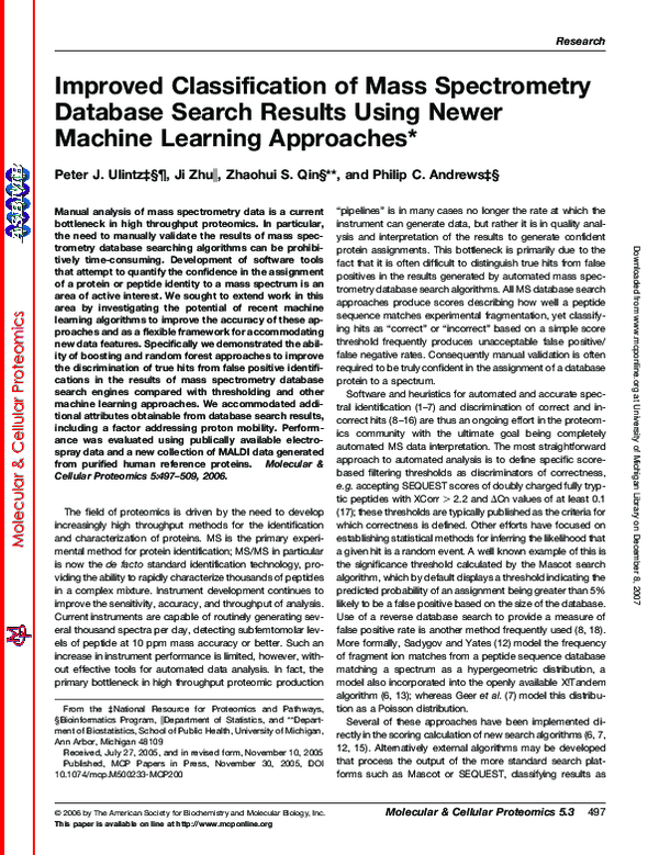 Pdf Improved Classification Of Mass Spectrometry Database Search