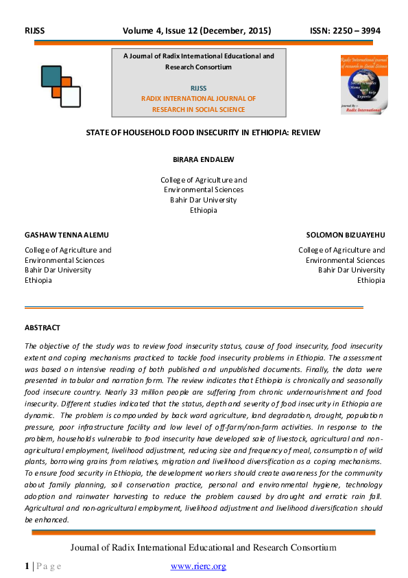 (PDF) STATE OF HOUSEHOLD FOOD INSECURITY IN ETHIOPIA: REVIEW A Journal ...