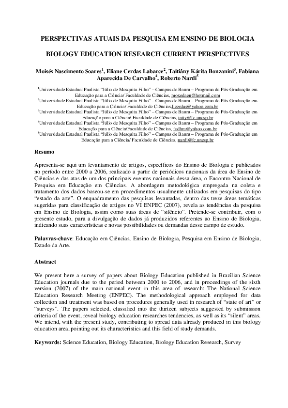 (PDF) PERSPECTIVAS ATUAIS DA PESQUISA EM ENSINO DE BIOLOGIA BIOLOGY