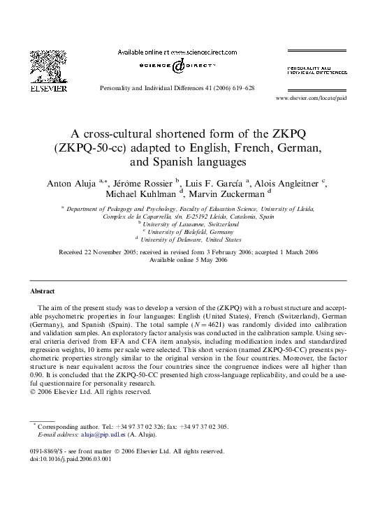(PDF) A cross-cultural shortened form of the ZKPQ (ZKPQ-50-cc) adapted ...
