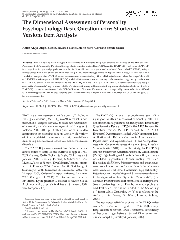 (PDF) The Dimensional Assessment of Personality Psychopathology Basic ...