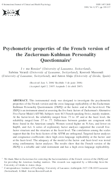 (PDF) Psychometric properties of the French version of the Zuckerman ...