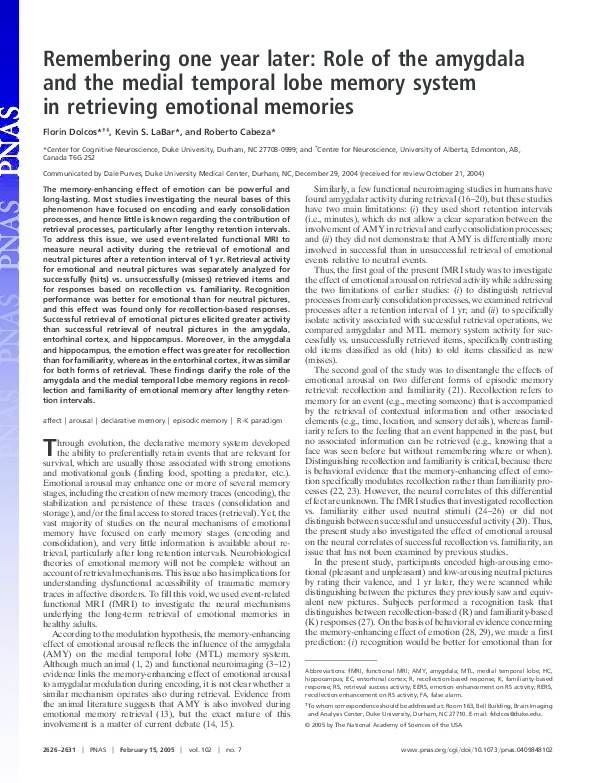 (PDF) Remembering one year later: role of the amygdala and the medial ...