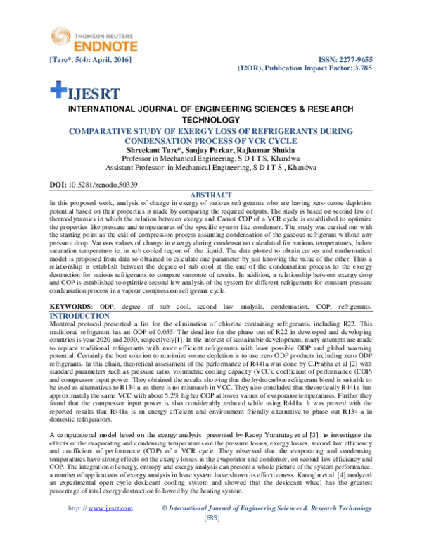 (PDF) COMPARATIVE STUDY OF EXERGY LOSS OF REFRIGERANTS DURING