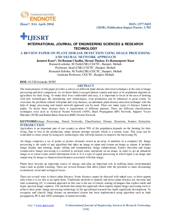 (PDF) A REVIEW PAPER ON PLANT DISEASE DETECTION USING IMAGE PROCESSING