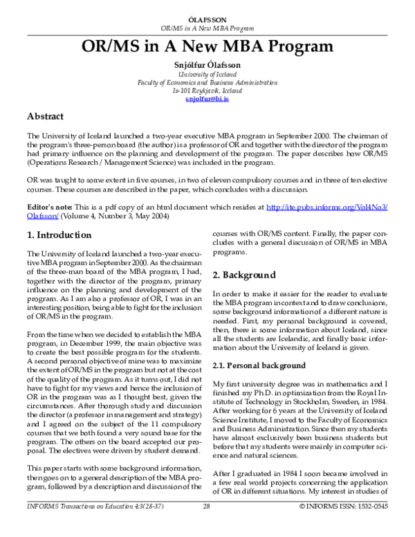 (PDF) OR/MS in A New MBA Program