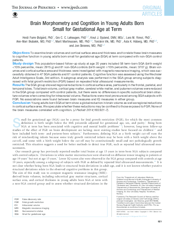 (PDF) Brain Morphometry and Cognition in Young Adults Born Small for ...