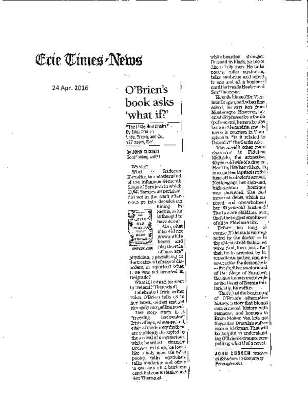 (PDF) Local Review of Edna O'Brien's 'The Little Red Chairs' John Cussen Academia.edu