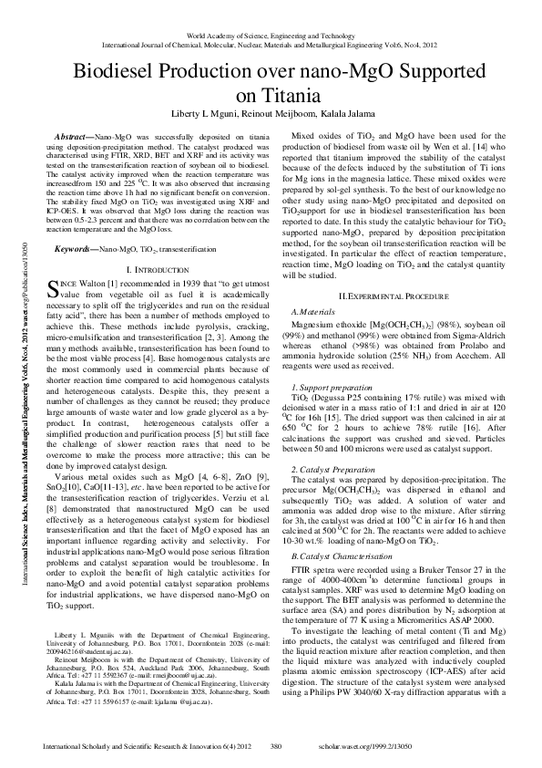 (PDF) Biodiesel production over nano-MgO supported on titania