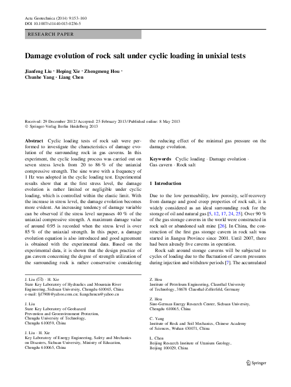(PDF) Damage evolution of rock salt under cyclic loading in unixial tests