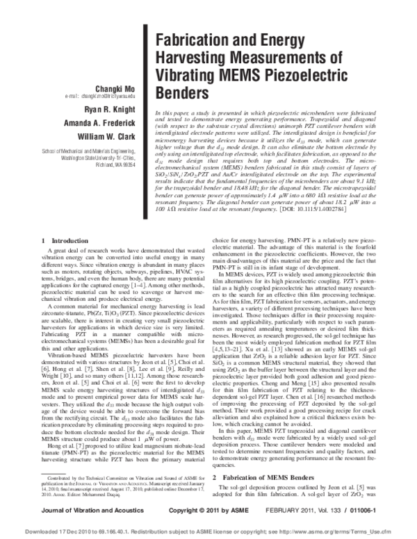 (PDF) Fabrication and Energy Harvesting Measurements of Vibrating MEMS ...
