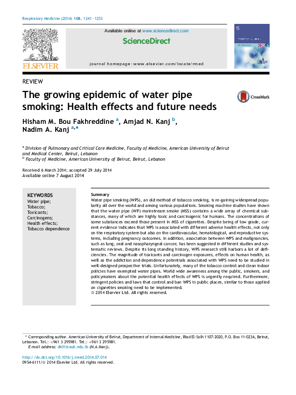 (PDF) The growing epidemic of water pipe smoking Health effects and