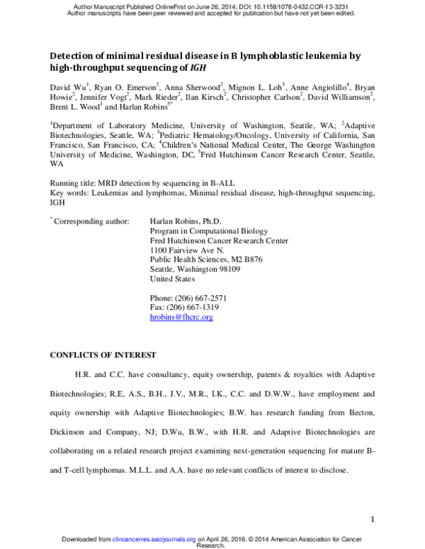 (PDF) Detection of minimal residual disease in B lymphoblastic leukemia ...