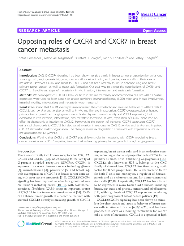 (PDF) Opposing roles of CXCR4 and CXCR7 in breast cancer metastasis