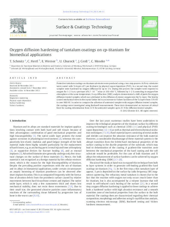 (PDF) Oxygen diffusion hardening of tantalum coatings on cptitanium