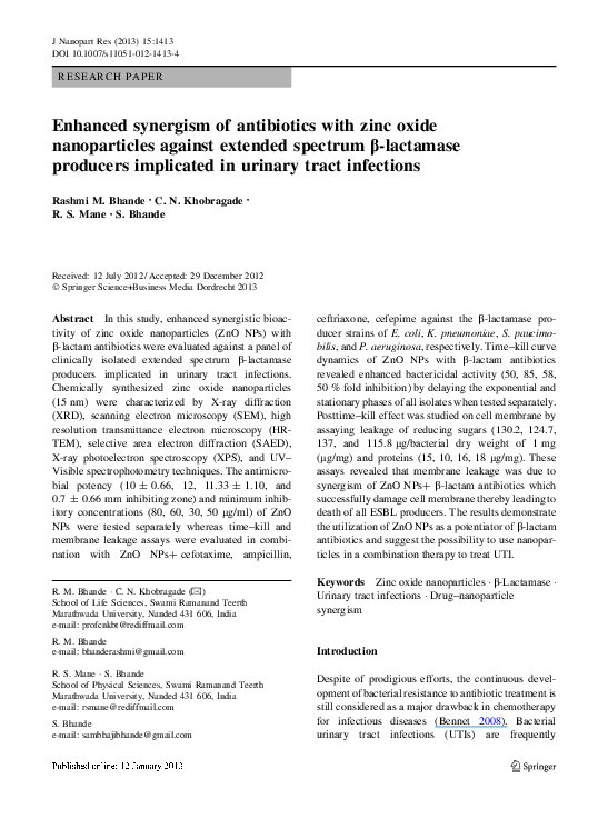(PDF) Enhanced synergism of antibiotics with zinc oxide nanoparticles against extended spectrum