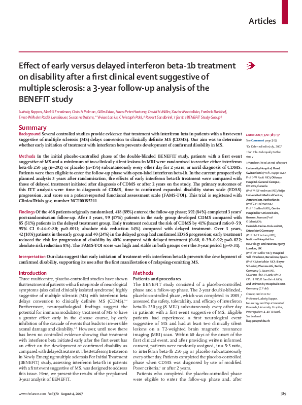(PDF) Effect of early versus delayed interferon beta-1b treatment on ...