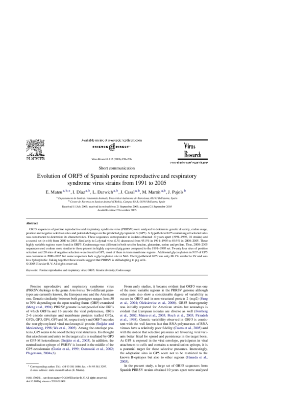 (PDF) Evolution of ORF5 of Spanish porcine reproductive and respiratory