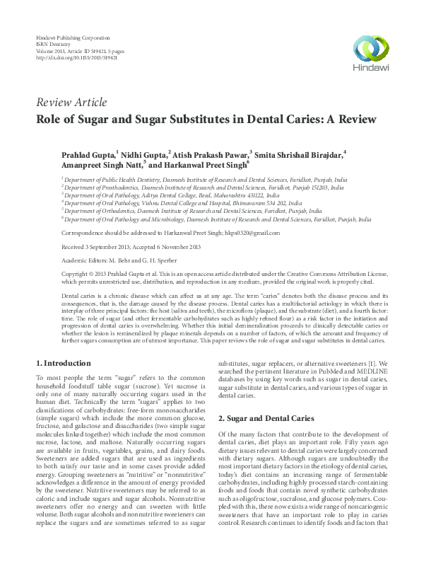 (PDF) Role of Sugar and Sugar Substitutes in Dental Caries A Review Harkanwal Singh