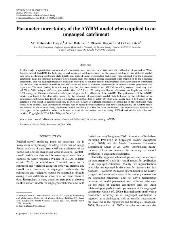 (PDF) Parameter uncertainty of the AWBM model when applied to an ...