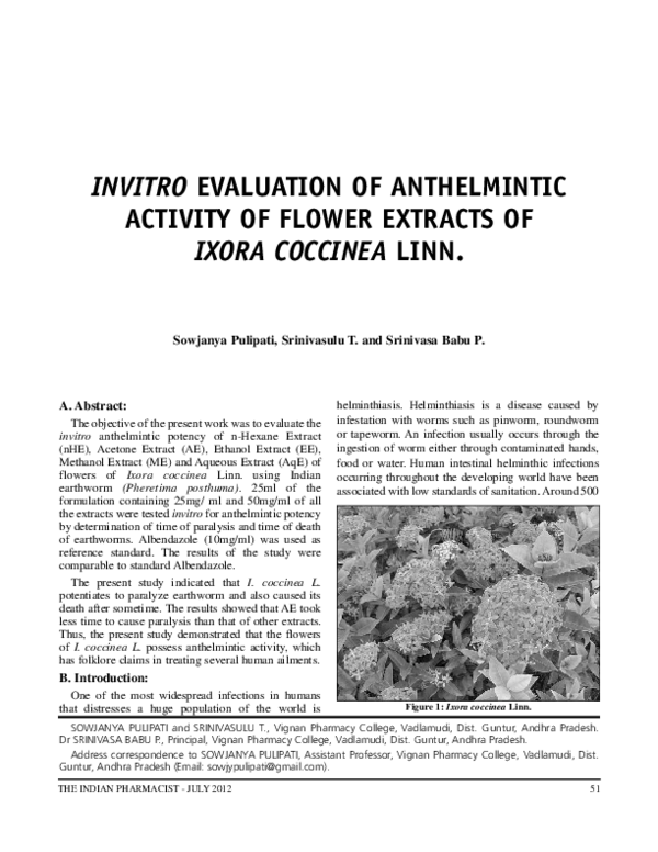 (PDF) IN VITRO EVALUATION OF ANTHELMINTIC ACTIVITY OF FLOWER EXTRACTS ...