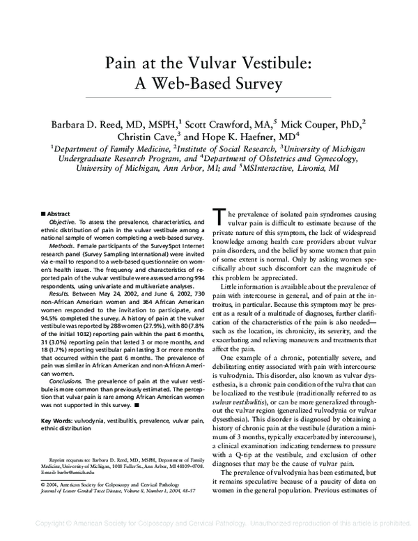 (PDF) Pain at the Vulvar Vestibule A Based Survey Hope Haefner Academia.edu