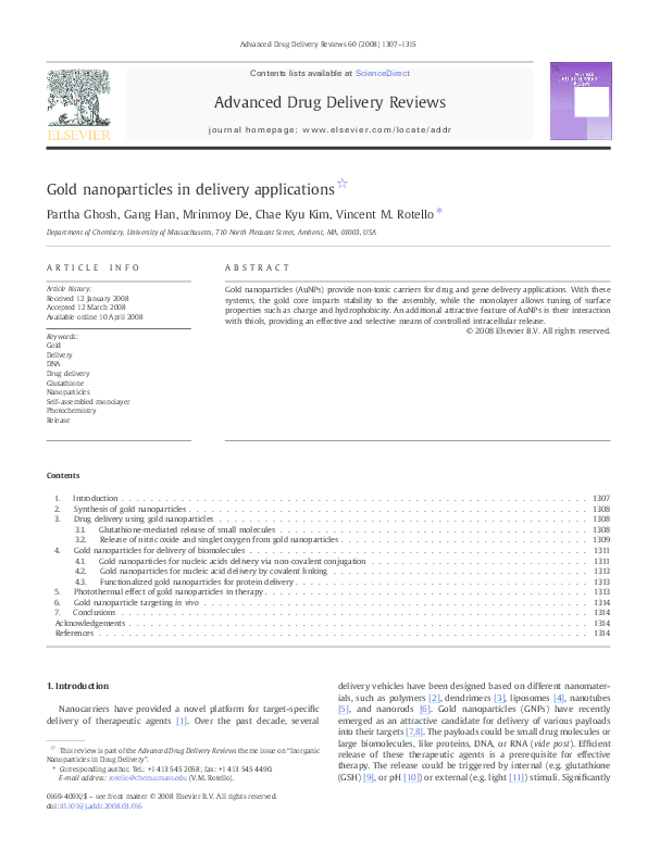 (PDF) Gold nanoparticles in delivery applications☆