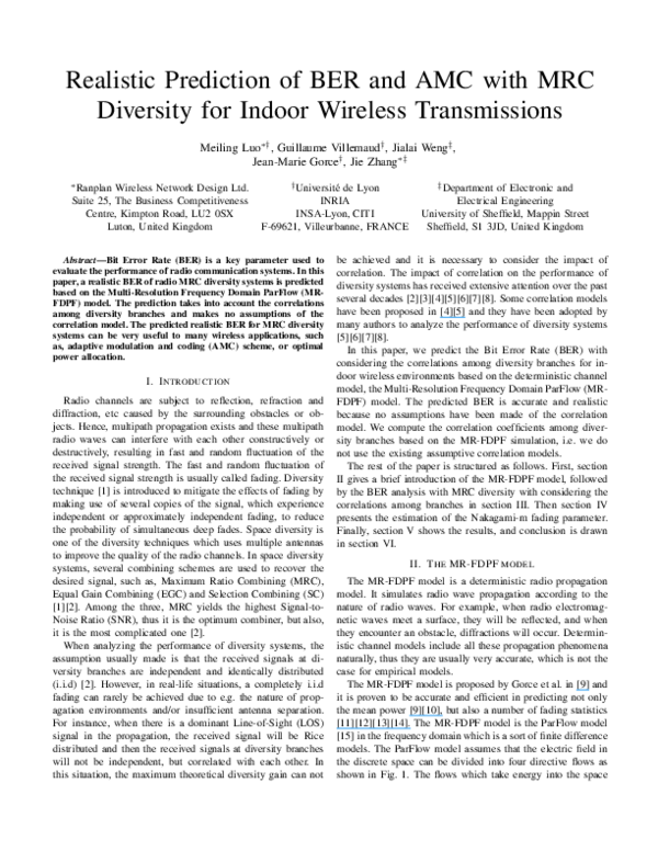 (PDF) Realistic Prediction of BER and AMC for Indoor Wireless Transmissions