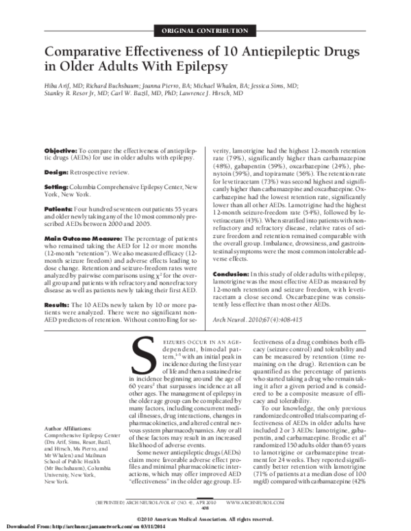 Comparative Effectiveness of 10 Antiepileptic Drugs in Older Adults ...