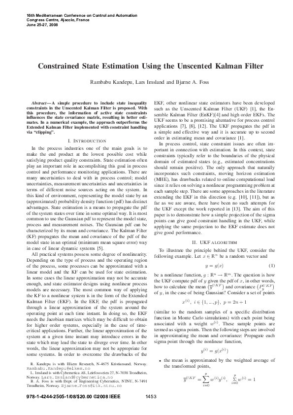 (PDF) Constrained state estimation using the Unscented Kalman Filter