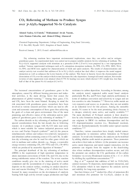 (PDF) CO2 Reforming of Methane to Produce Syngas over ^|^gamma;-Al2O3 ...