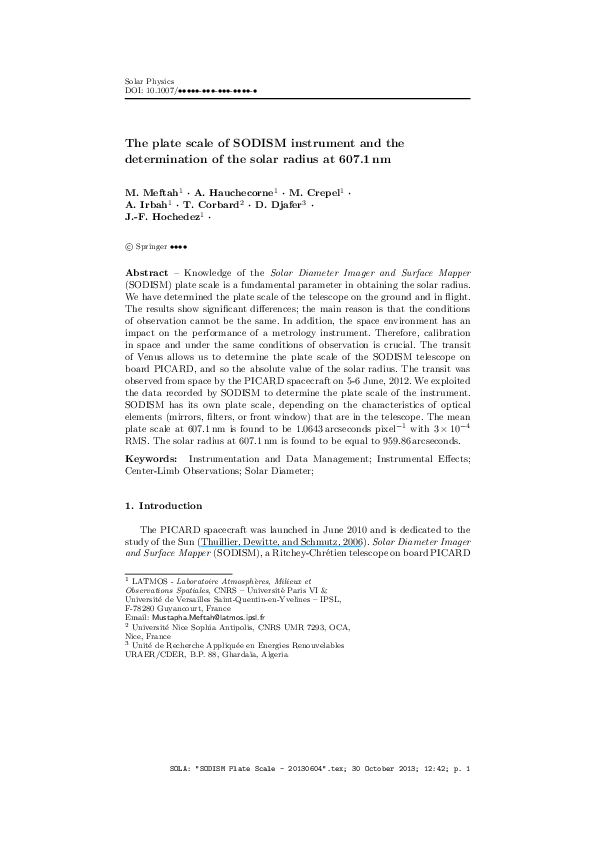 (PDF) The Plate Scale of the SODISM Instrument and the Determination of