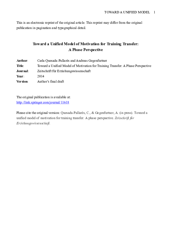 (PDF) Toward a unified model of motivation for training transfer: a ...