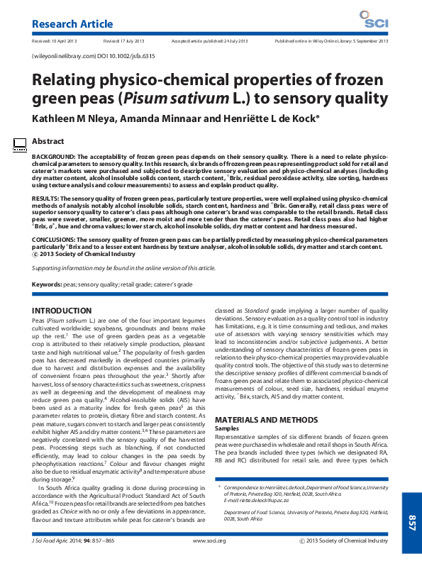 (PDF) Relating physicochemical properties of frozen green peas ( Pisum sativum L .) with