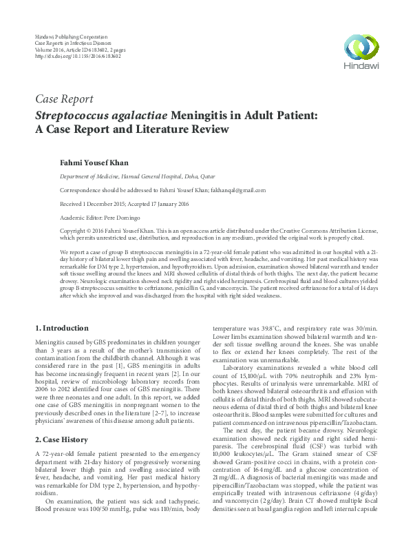 (PDF) Case Report Streptococcus agalactiae Meningitis in Adult Patient