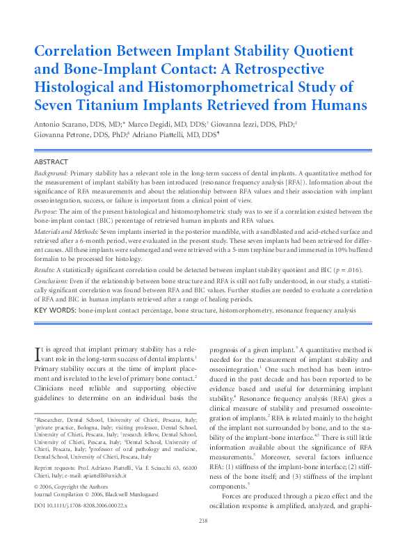 (PDF) Correlation Between Implant Stability Quotient and Bone-Implant ...