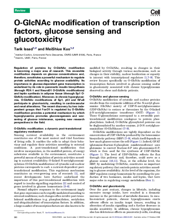 (PDF) O-GlcNAc modification of transcription factors, glucose sensing ...